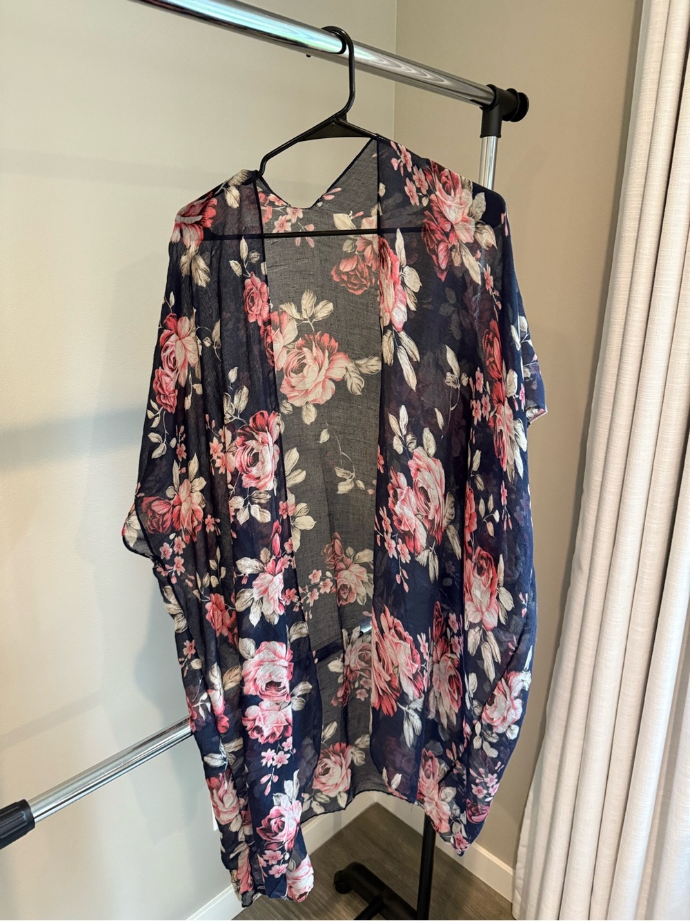 Floral Kimono Jacket - Navy with Pink Rose Print